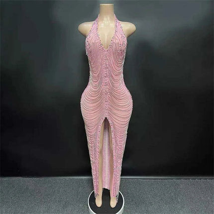 Radiant Night Halter Evening Dress with Sparkling Diamond Details - Très Elite
