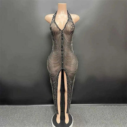 Radiant Night Halter Evening Dress with Sparkling Diamond Details - Très Elite