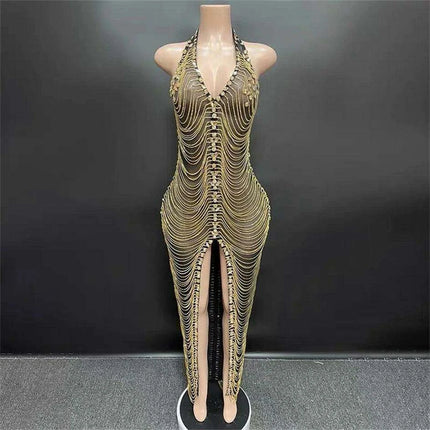 Radiant Night Halter Evening Dress with Sparkling Diamond Details - Très Elite