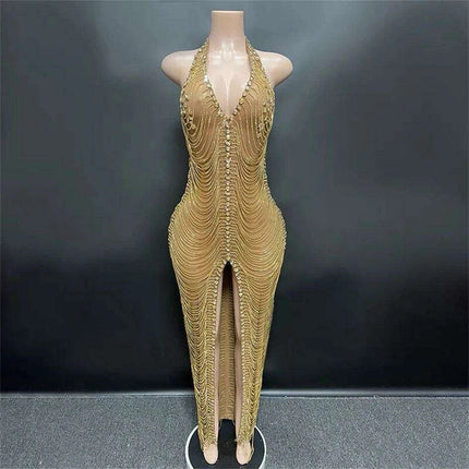 Radiant Night Halter Evening Dress with Sparkling Diamond Details - Très Elite