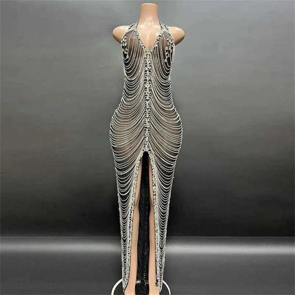 Radiant Night Halter Evening Dress with Sparkling Diamond Details - Très Elite