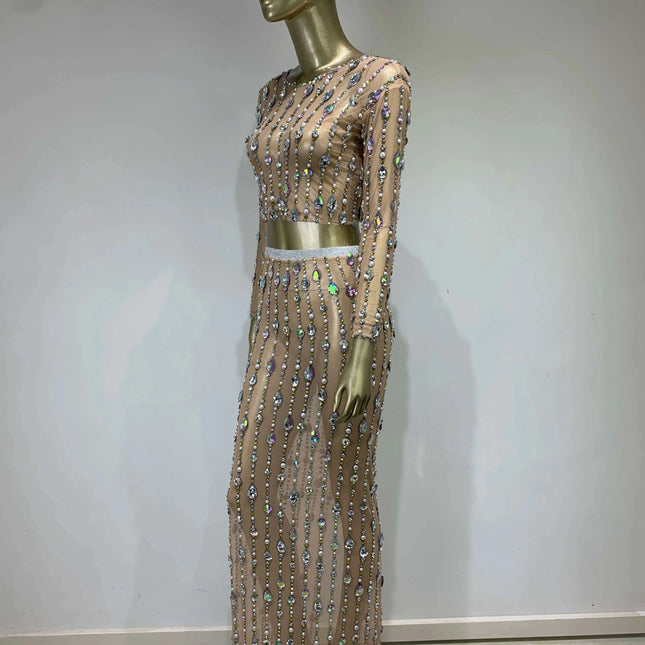 Radiant Pearl and Diamond Adorned Mesh Skirt Ensemble for Women - Perfect for Dazzling Events