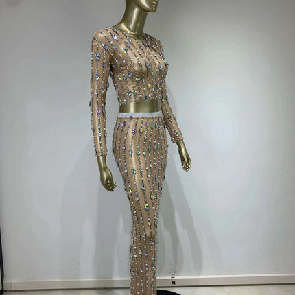 Radiant Pearl and Diamond Adorned Mesh Skirt Ensemble for Women - Perfect for Dazzling Events - Très Elite