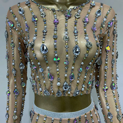 Radiant Pearl and Diamond Adorned Mesh Skirt Ensemble for Women - Perfect for Dazzling Events - Très Elite