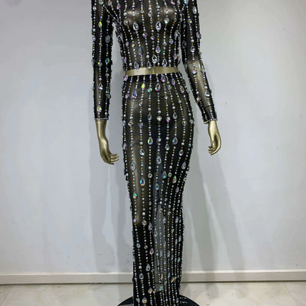 Radiant Pearl and Diamond Adorned Mesh Skirt Ensemble for Women - Perfect for Dazzling Events