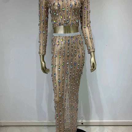 Radiant Pearl and Diamond Adorned Mesh Skirt Ensemble for Women - Perfect for Dazzling Events