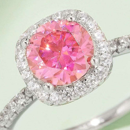 Radiant Pink Diamond Halo Ring with Lab-Created Moissanite in Sterling Silver - Très Elite
