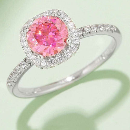 Radiant Pink Diamond Halo Ring with Lab-Created Moissanite in Sterling Silver - Très Elite