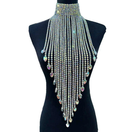 Radiant Rhinestone and Glass Gemstone Tassel Choker Necklace - Crystal AB Silver Elegance - Très Elite
