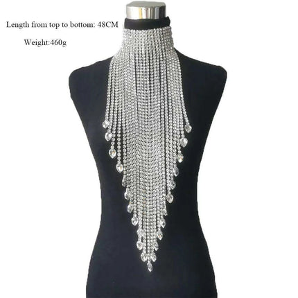 Radiant Rhinestone and Glass Gemstone Tassel Choker Necklace - Crystal AB Silver Elegance - Très Elite