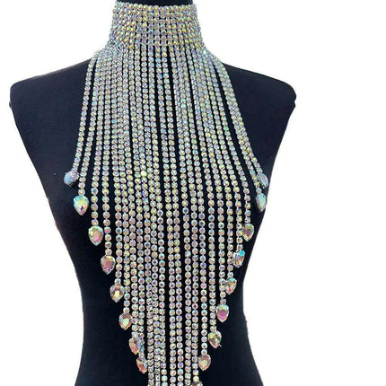 Radiant Rhinestone and Glass Gemstone Tassel Choker Necklace - Crystal AB Silver Elegance - Très Elite