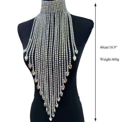Radiant Rhinestone and Glass Gemstone Tassel Choker Necklace - Crystal AB Silver Elegance - Très Elite