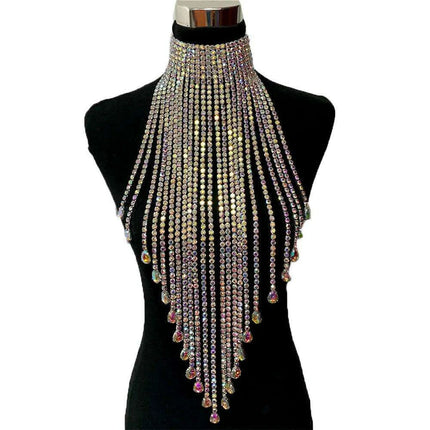 Radiant Rhinestone and Glass Gemstone Tassel Choker Necklace - Crystal AB Silver Elegance - Très Elite