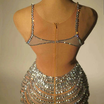 Radiant Sheer Crystal-Embellished Mini Dress for Women - Perfect Evening Wear for Celebrations and Parties - Très Elite