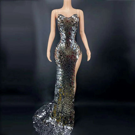 Radiant Silver Formal Gown with Elegant Mesh Accents and Flowing Train - Très Elite