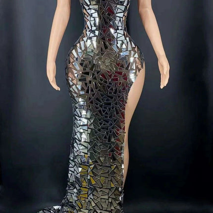 Radiant Silver Formal Gown with Elegant Mesh Accents and Flowing Train - Très Elite