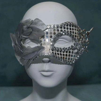 Radiant Silver Sequin & Feather Masquerade Mask - Stylish Venetian Affair - Très Elite