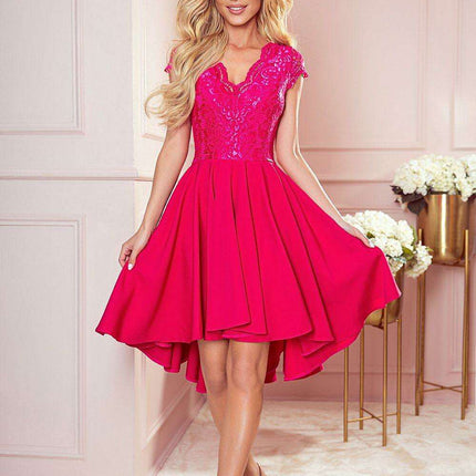 Raspberry Elegance Asymmetrical Lace Evening Dress by Numoco - Très Elite