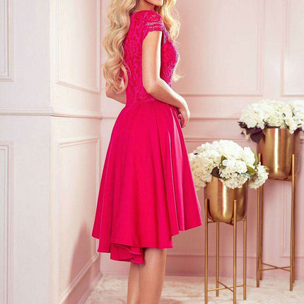 Raspberry Elegance Asymmetrical Lace Evening Dress by Numoco - Très Elite