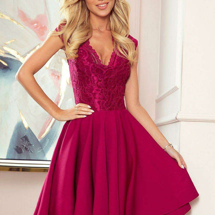 Raspberry Elegance Asymmetrical Lace Evening Dress by Numoco - Très Elite