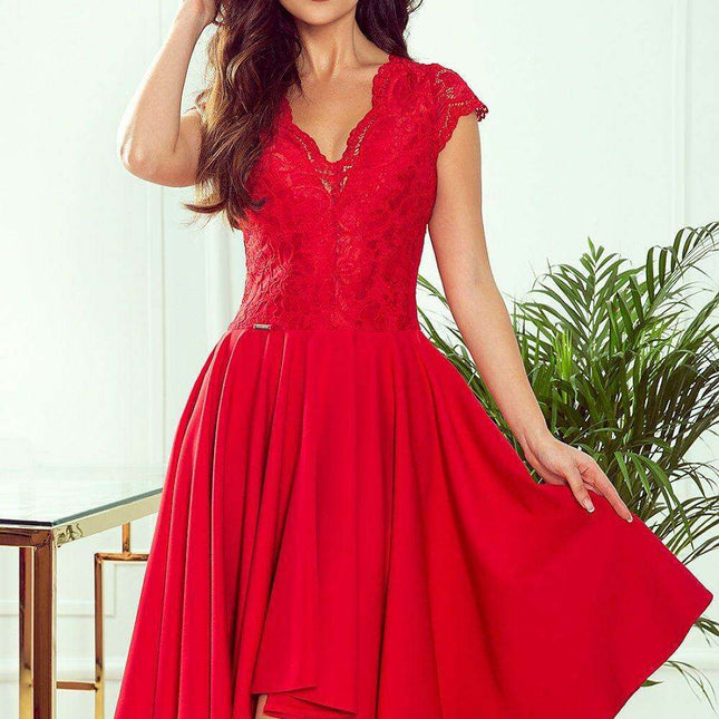 Raspberry Elegance Asymmetrical Lace Evening Dress by Numoco - Très Elite