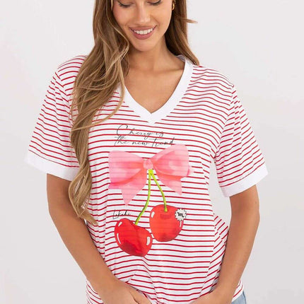 Red Blouse 213271 Breathable Cotton Blend Short Sleeves - Très Elite