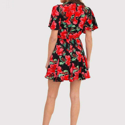 Red Floral Ruffle Sleeve Skater Dress - Made in Europe