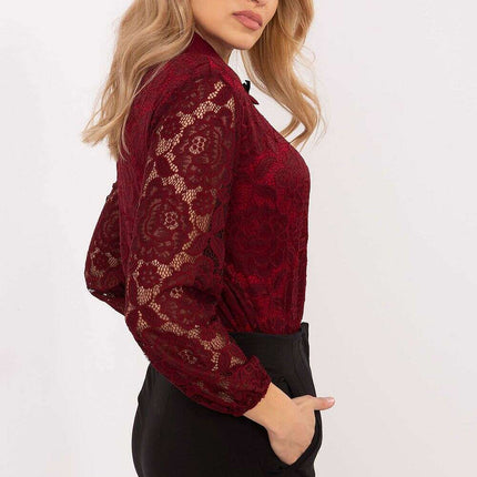 Red Lace Front Long Sleeve Shirt 204980 Elegant Workwear - Très Elite