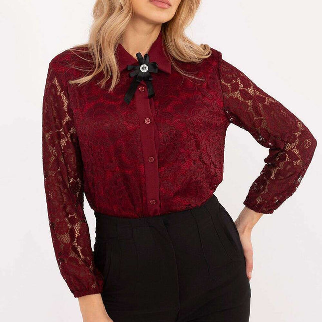 Red Lace Front Long Sleeve Shirt 204980 Elegant Workwear - Très Elite