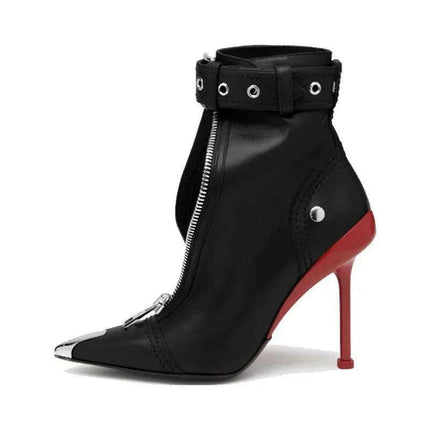 Red Pointed High Heel Ankle Boots with Zipper and Stylish Metal Details - Très Elite