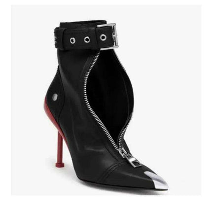 Red Pointed High Heel Ankle Boots with Zipper and Stylish Metal Details - Très Elite