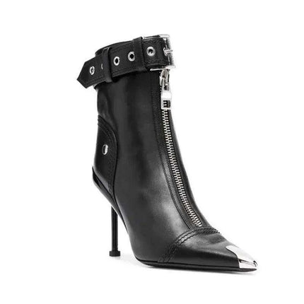Red Pointed High Heel Ankle Boots with Zipper and Stylish Metal Details - Très Elite