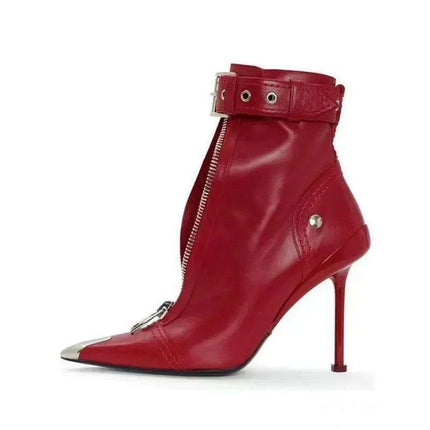 Red Pointed High Heel Ankle Boots with Zipper and Stylish Metal Details - Très Elite