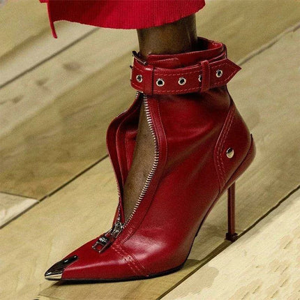 Red Pointed High Heel Ankle Boots with Zipper and Stylish Metal Details - Très Elite