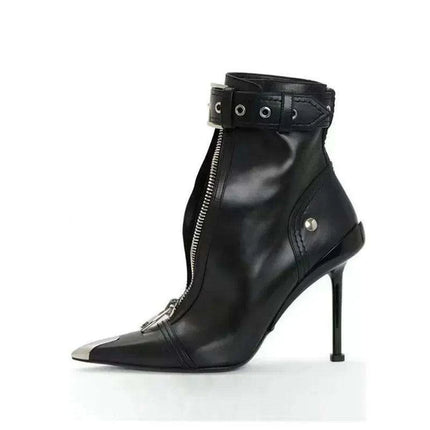Red Pointed High Heel Ankle Boots with Zipper and Stylish Metal Details - Très Elite