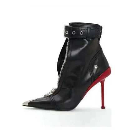 Red Pointed High Heel Ankle Boots with Zipper and Stylish Metal Details - Très Elite