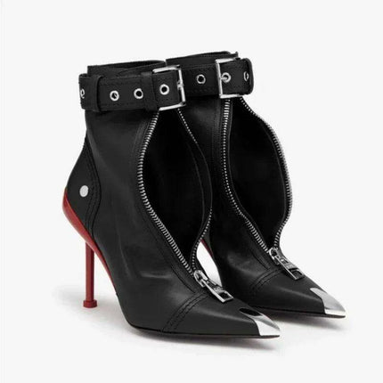 Red Pointed High Heel Ankle Boots with Zipper and Stylish Metal Details - Très Elite