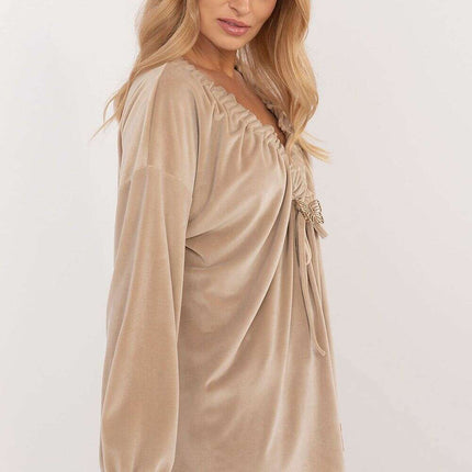 Red Velour Blouse 202015 Bound Neckline For Everyday Use - Très Elite
