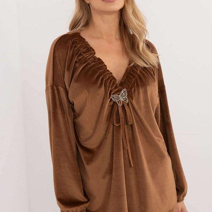 Red Velour Blouse 202015 Bound Neckline For Everyday Use