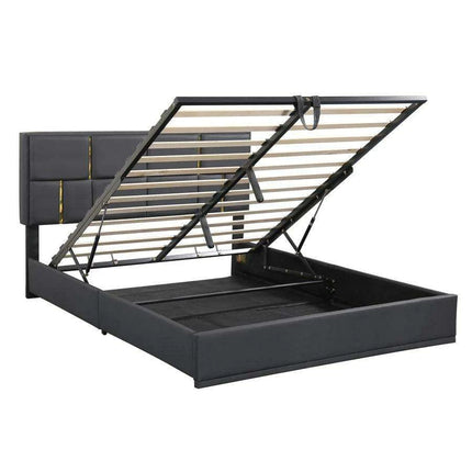 Regal Black & Gold LED Queen Bed Frame with Stylish Ottoman Storage- Très Elite- Très Elite