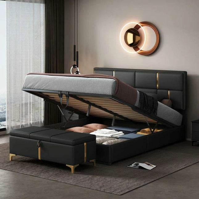 Regal Black & Gold LED Queen Bed Frame with Stylish Ottoman Storage