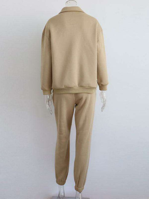 Relaxed Fit Zip-Up Sweater Set with Dropped Shoulder Sleeves & Stand Collar