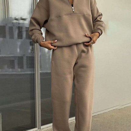 Relaxed Fit Zip-Up Sweater Set with Dropped Shoulder Sleeves & Stand Collar