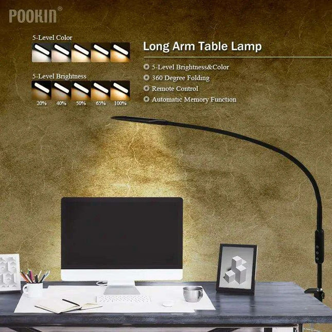 Remote-Controlled Adjustable LED Clip-On Desk Lamp with Multiple Brightness and Color Settings