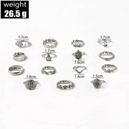Retro Beauty Head Portrait Gold Coin Cross Pattern Love Fatima Palm Ring 15-piece Ring Set - Très Elite