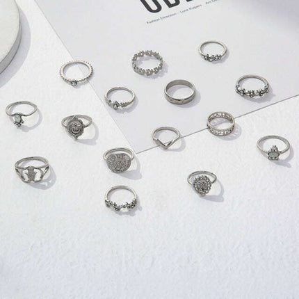 Retro Beauty Head Portrait Gold Coin Cross Pattern Love Fatima Palm Ring 15-piece Ring Set - Très Elite