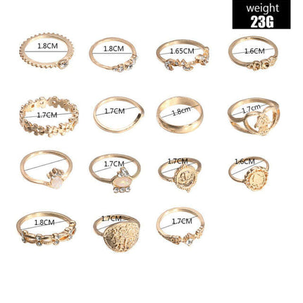 Retro Beauty Head Portrait Gold Coin Cross Pattern Love Fatima Palm Ring 15-piece Ring Set - Très Elite