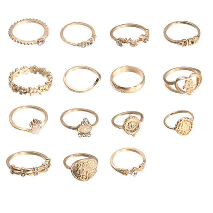 Retro Beauty Head Portrait Gold Coin Cross Pattern Love Fatima Palm Ring 15-piece Ring Set - Très Elite