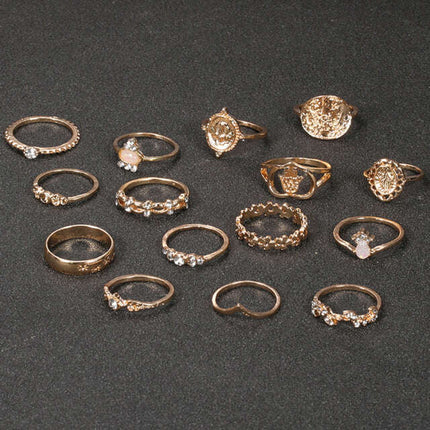 Retro Beauty Head Portrait Gold Coin Cross Pattern Love Fatima Palm Ring 15-piece Ring Set - Très Elite