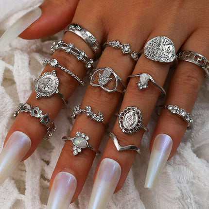Retro Beauty Head Portrait Gold Coin Cross Pattern Love Fatima Palm Ring 15-piece Ring Set- Très Elite- Très Elite